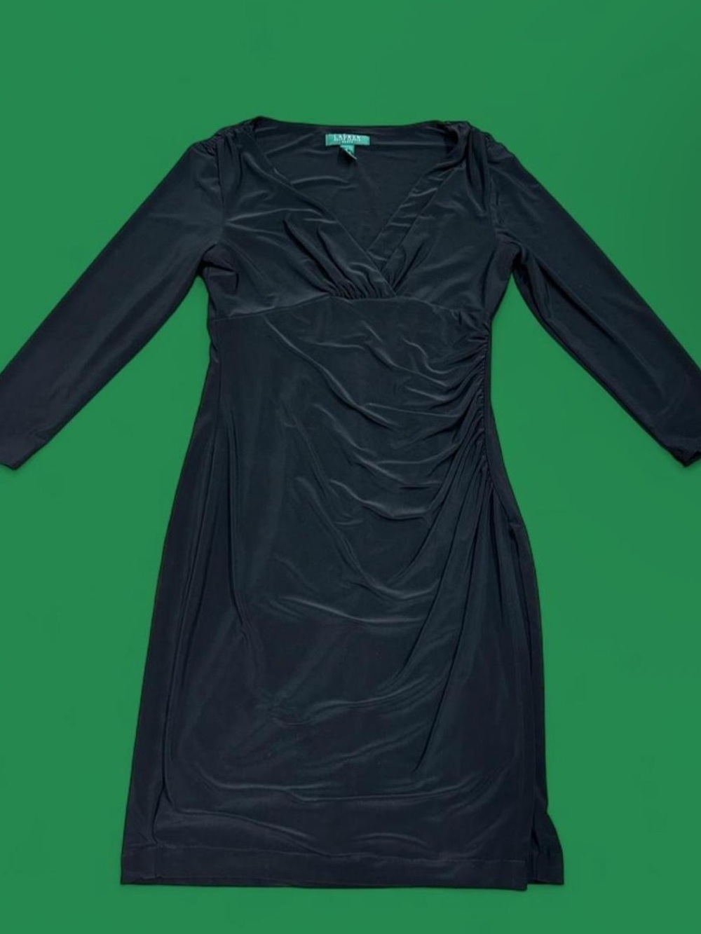 Ralph Lauren Black Long-Sleeve V-Neck Ruched Dress
